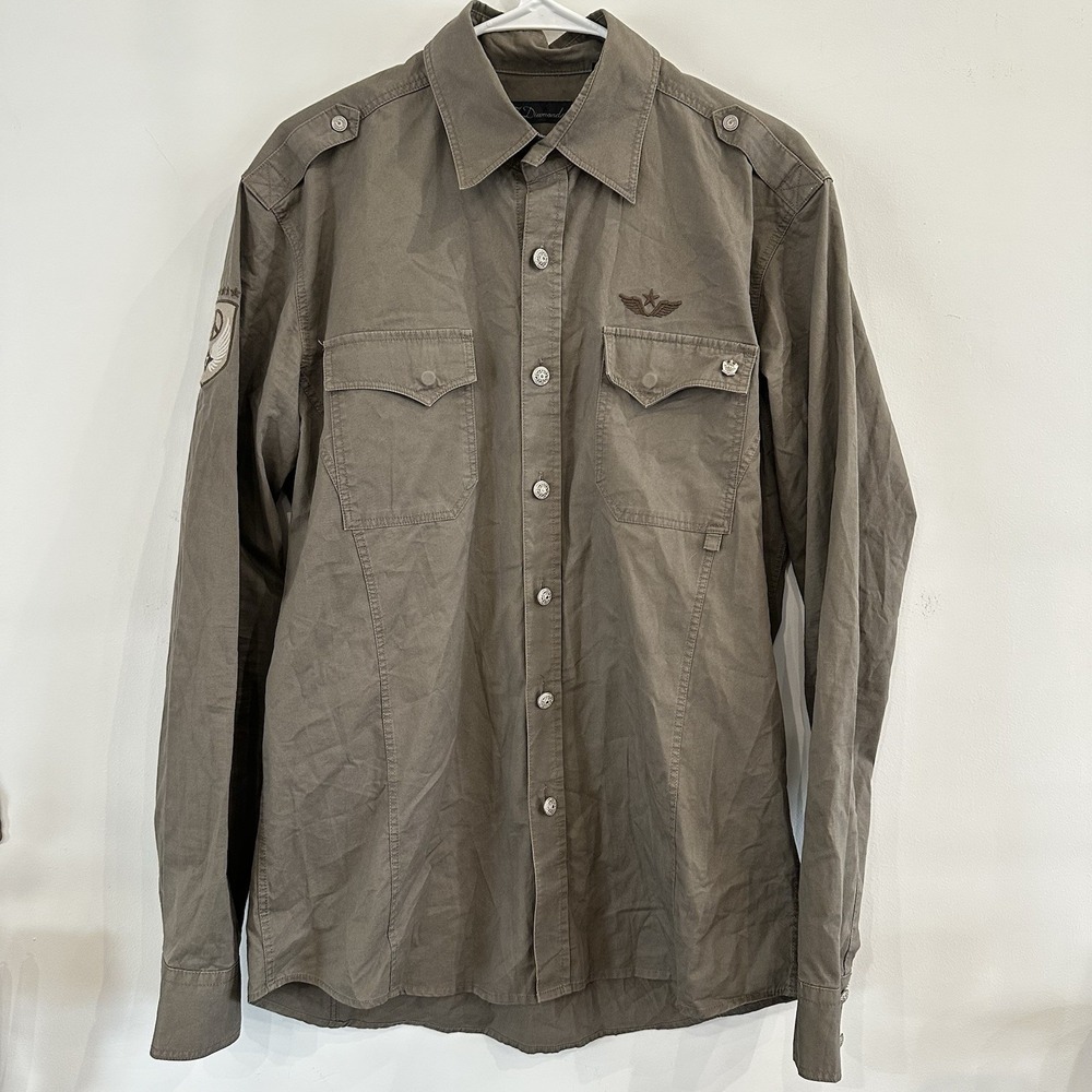 7 Diamonds Men's Long Sleeve Collar Shirt Military‎ Army Peace Sign Large Taupe
